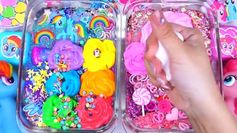 Little Pony Slime Mixing Random Cute, shiny things into slime #ASMR #slimevideos #Rainbow #슬라임