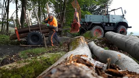 Spezial Lader mit Unimog 411, Farmi Winde und Holzkarre, sowie Weidemann zum Abladen