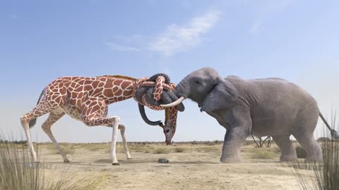 Elephant vs Giraffe Water Fight