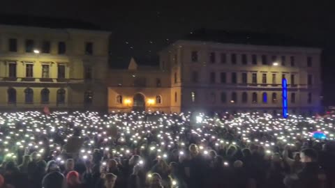 People chant "all together against fascism" in Leipzig, Germany.