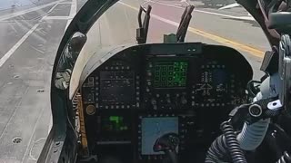 View from inside a F-18 cockpit taking off from an aircraft carrier