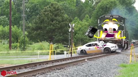 Train Crash | Monster Trains Crush Cars on Railroad - Woa Doodland