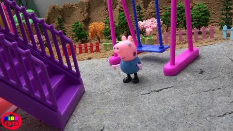 Pink Piglets Playing on Swings in City Park with Friends
