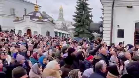 Ukrainian Orthodox Christians praying outside of the Kyiv/Kiev Lavra Caves on March 12, 2023.