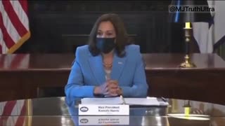 Kamala Harris, my pronouns are she/her, I am a woman sitting at the table wearing a blue suit