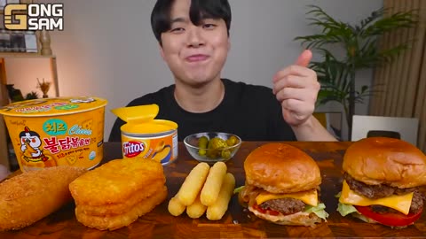 ASMR MUKBANG | CHEESE BURGER, Cheese stick, Fire Noodles, hot dog recipe ! eating