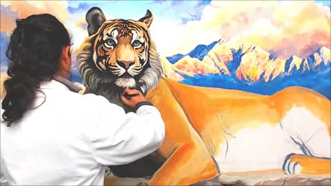 Giant Mural Painting Tiger With Landscape.