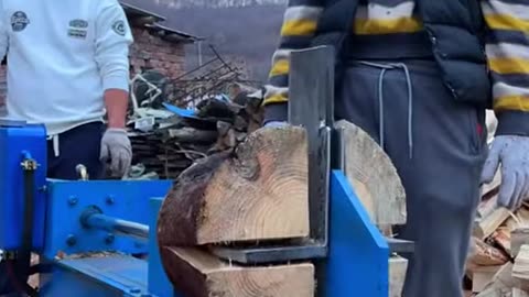 A beautiful woman is chopping firewood, and everyone is watching 04