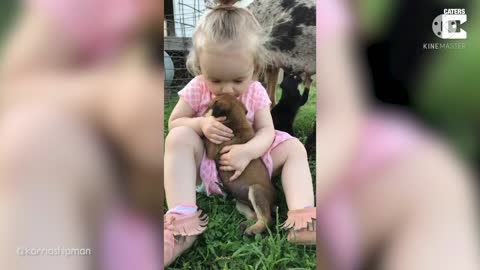 Little girl Hugs puppy