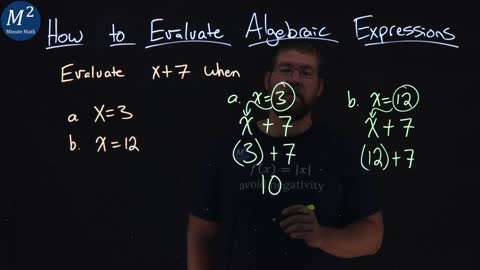 How to Evaluate Algebraic Expressions | Evaluate x+7 when x=3 and x=12 | Part 1 of 6 | Minute Math