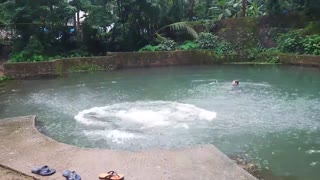 Boys enjoying jumping in water at home