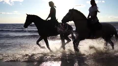 Two women ride on horse at river beach in water sunset light