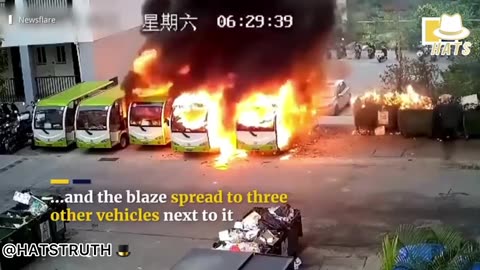 An electric bus spontaneously bursts into flames in China. 🤯