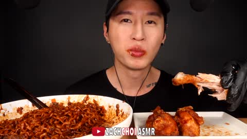 ASMR BLACK BEAN FIRE NOODLES & BBQ CHICKEN MUKBANG (No Talking) EATING SOUNDS | Zach Choi ASMR