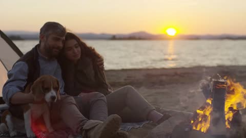 Happy man embracing girlfriend and petting cute beagle dog while sitting together on lake beach