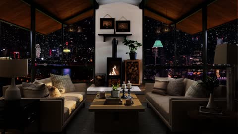 Relaxation Station Relaxing jazz and fireplace sound with City night view | Soft crackling fire