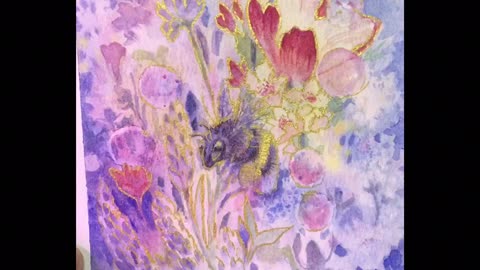 Painting mixed media bumblebee garden floral watercolor art