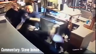 Robber gets beaten by the entire pizza staff