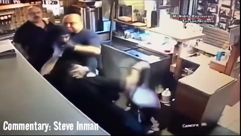 Robber gets beaten by the entire pizza staff