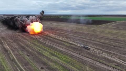 Drone view of Ukrainian UR 77 Meteorit MICLIC clearing a minefield in Kherson Oblast