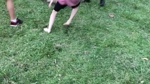 Kids Bump Heads Trying to Wrangle Dog