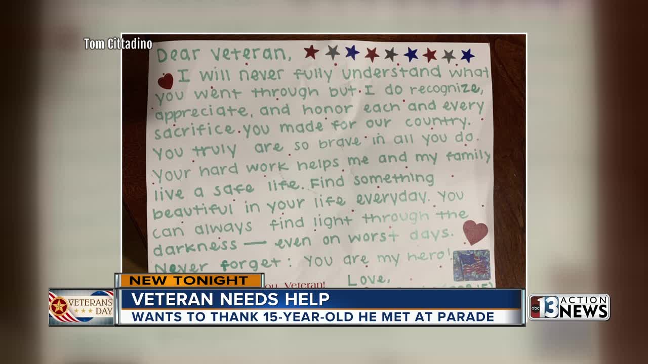 Veteran seeks teen who gave him touching letter at Las Vegas Veterans Day parade