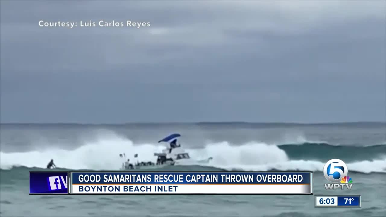 VIDEO: Boat rocked by big wave in Boynton Beach Inlet, man thrown overboard