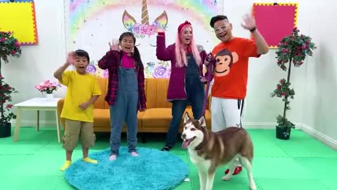 Jannie and Eric Play with a Husky Dog l Kids take care of Dog with Food and Toy