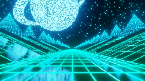 Driving through futuristic neon 3d space landscape