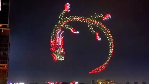 Drones creating a Dragon soaring through the Skies above Shenzhen, China