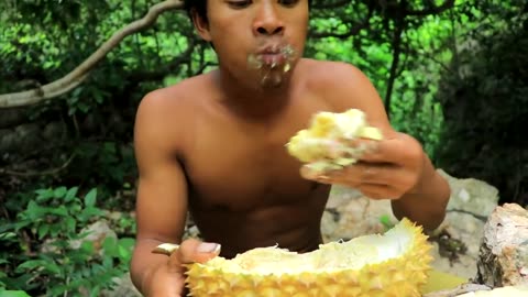 Eating durian fruit delicious || Adventure in forest || Fruit || Life in jungle || Crezy Life