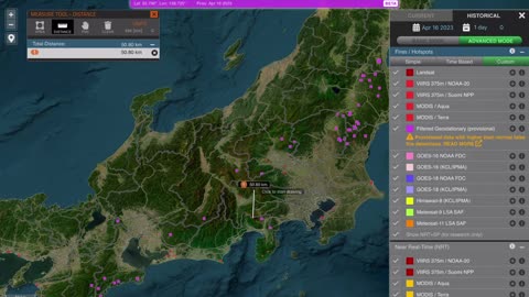 Mount Fuji hotspots and fires from 2023-04-04 to 22 monitored by NASA, 気象庁. 富士山噴火警戒。富士山北側山麓の気温が高い。