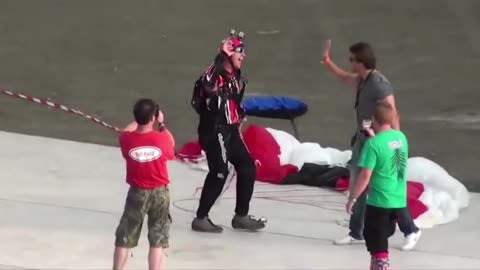 Base jumper is flung 300ft through the air by human catapult