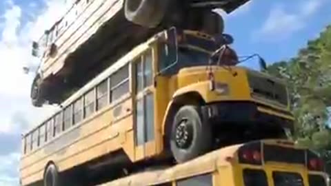 How Many School Buses Can We Stack- mrbeast