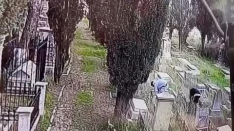 Jewish Israeli settlers desecrating graves in the Protestant Cemetery in occupied Jerusalem