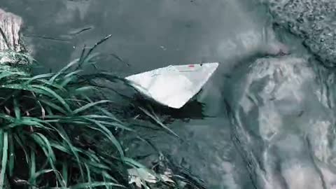A Paper Boat Floating Over A Roadside Water Canal
