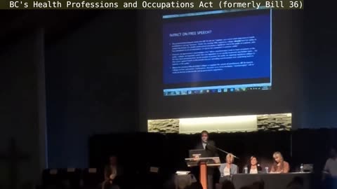 Jeremy Maddock a lawyer and legal researcher at a TownHall with a summary of bill 36