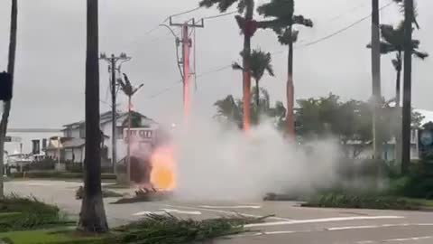 Power line on fire as powerful Hurricane Ian approaches Naples, Florida.