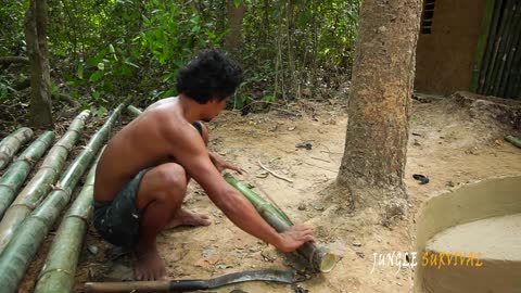 Jungle Survival Build The Most Beautiful Bamboo Swimming Pool for Slide Roof Villa by Ancient Skill