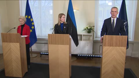 NATO Secretary General Jens Stoltenberg with PM Kaja Kallas and EC President Ursula von der Leyen - Friday February 24, 2023