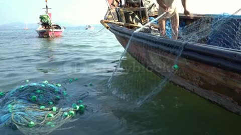 #Sea#Fishing#River#Fish Fishermen Prepare Net Fishing In Early Stock Footage