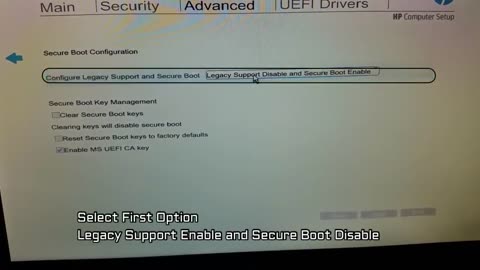 Legacy Support Enable and Secure Boot Disable / Enable PXE / Legacy boot BIOS settings HP