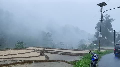 Heavy Rain in a hilly village__very beautiful and relaxing__Indonesian village.