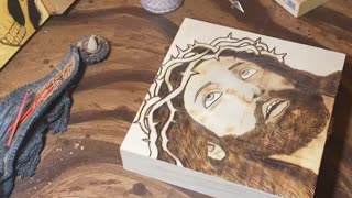 Wood burning a portrait of Jesus