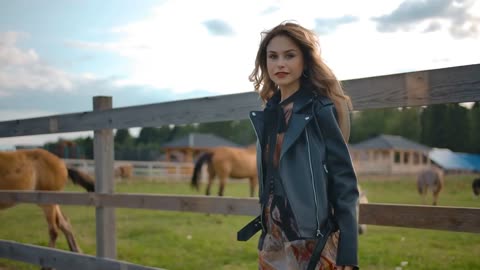 Woman walking near enclosure with horses