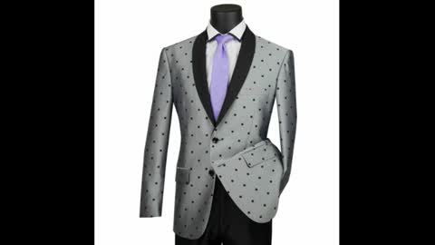 VINCI Men's Silver Polka Dot 2 Button Slim Fit Tuxedo w/ Shawl Collar Suit NEW