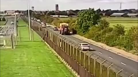 Moment a massive tractor ran over and crushed a car