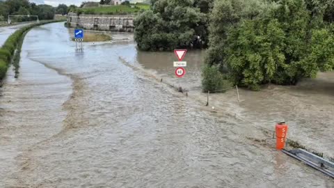 Massive floods due to overflowing Rhône river in Sierre of Valais, Switzerland (06/30/2024)