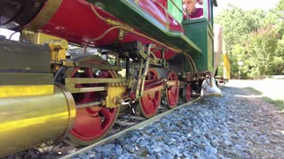 A Close Up Look At The Wheels And Valve Gear On A Running 7.5 Inch Gauge 2-6-2 Steam Locomotive.