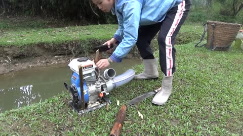 Hunting wild fish | Catch a lot of fish in the wild lake by using the big pump to suck the water-19